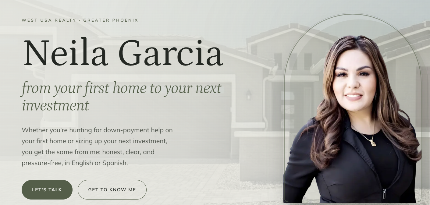 Homepage of neilarealtor.com, the bilingual REALTOR site built for Neila Garcia
